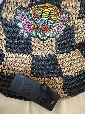 Ed Hardy Black and Tan Woven Straw Hat with Colorful Tiger Patch
